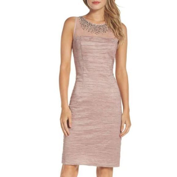 Eliza J Embellished Illusion Metallic Sheath Dress‎ Rose Womens Sz 10 Sleeveless - Picture 1 of 9